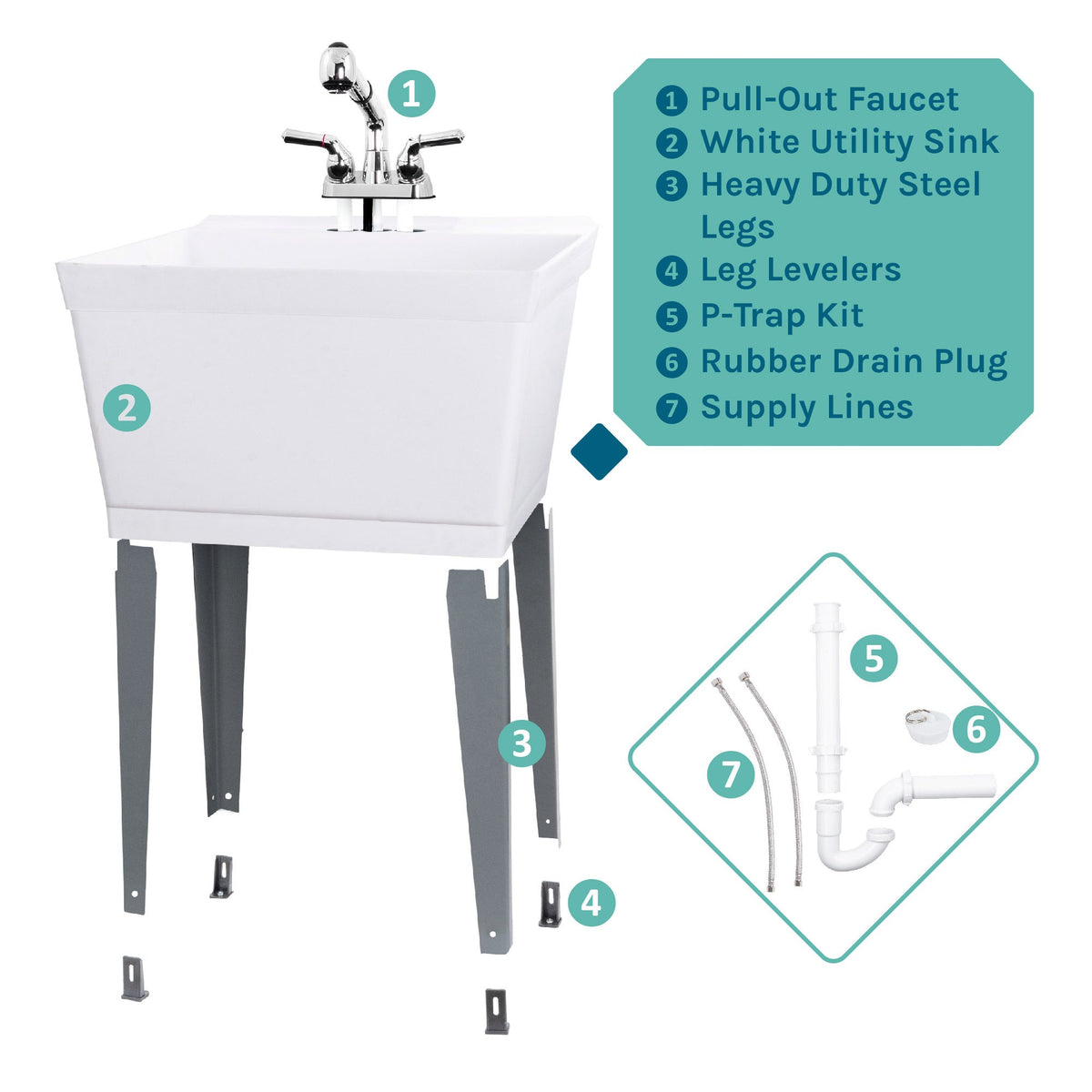 Tehila Standard Freestanding White Utility Sink with Chrome Finish Pull-Out Faucet
