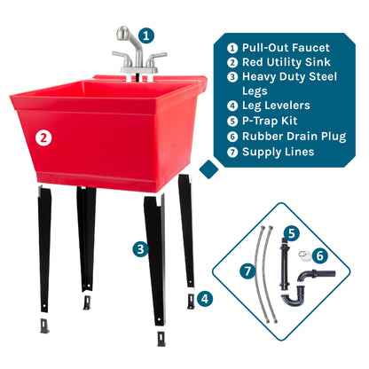 Tehila Standard Freestanding Red Utility Sink with Stainless Steel Finish Pull-Out Faucet