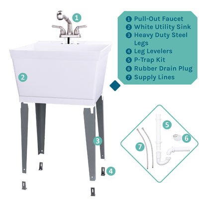 Tehila Standard Freestanding White Utility Sink with Stainless Steel Finish Pull-Out Faucet