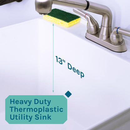 Tehila Standard Freestanding White Utility Sink with Stainless Steel Finish Pull-Out Faucet