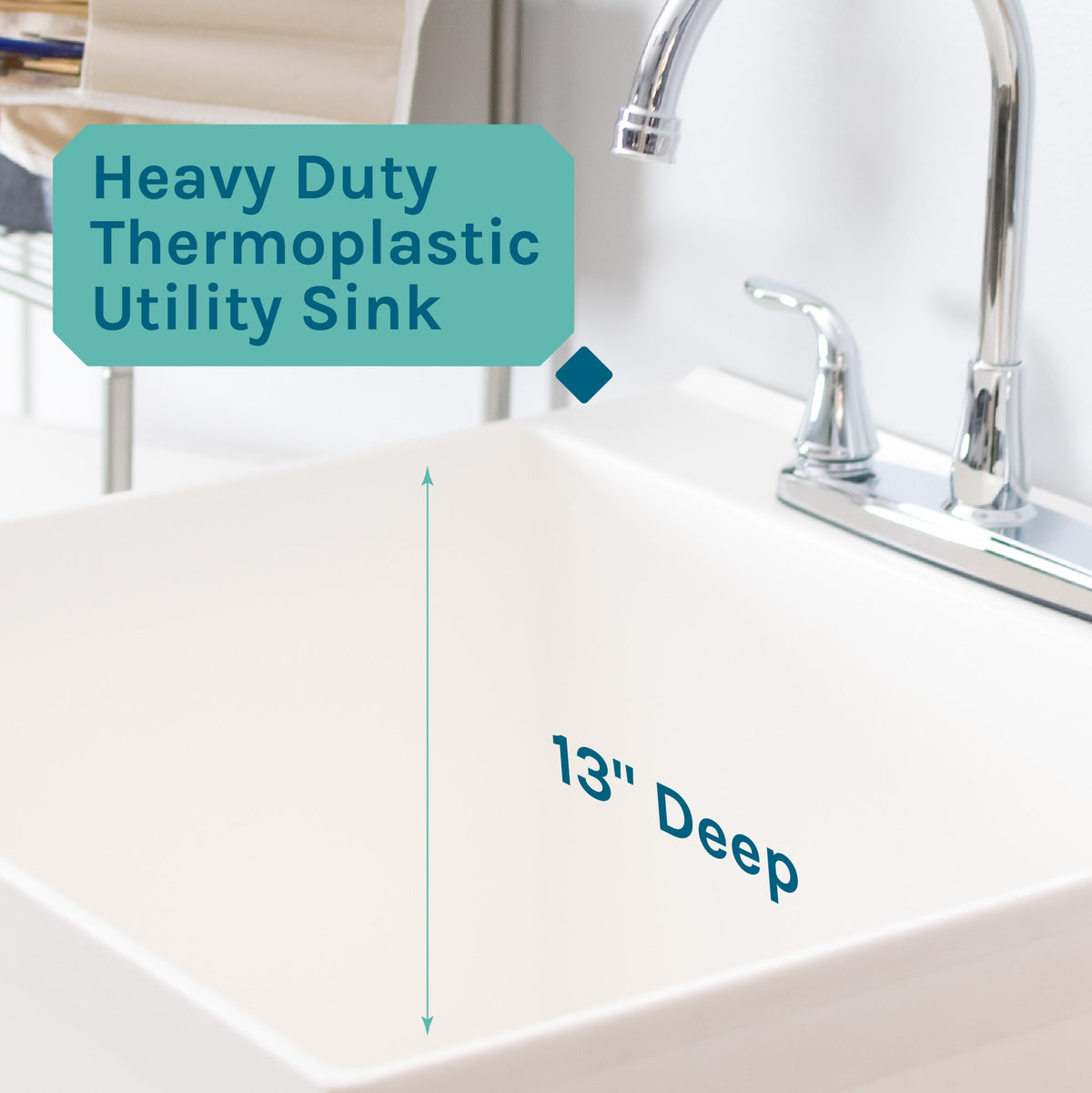 Tehila Standard Freestanding White Utility Sink with Grey Legs and Chrome Finish Wide-set Gooseneck Faucet with Side Sprayer