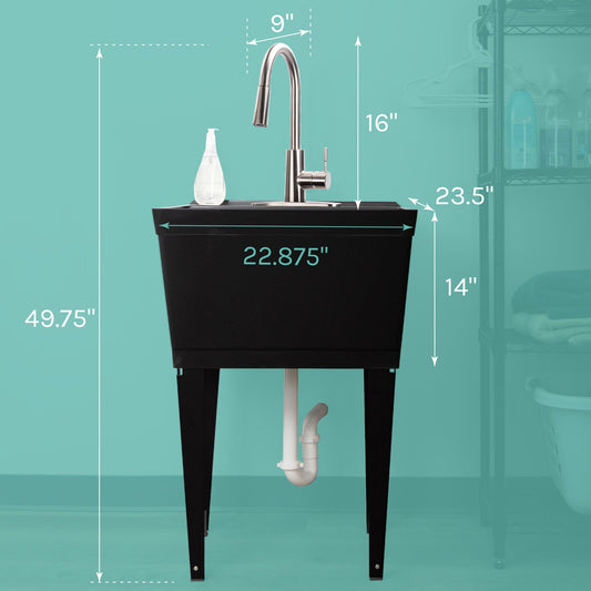 Tehila Standard Freestanding Black Utility Sink with Stainless Steel Finish High-Arc Pull-Down Faucet