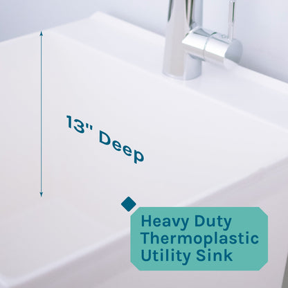 Tehila Standard Freestanding White Utility Sink with Chrome Finish High-Arc Pull-Down Faucet