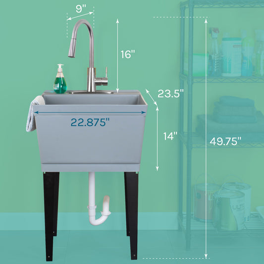 Tehila Standard Freestanding Grey Utility Sink with Stainless Steel Finish High-Arc Pull-Down Faucet
