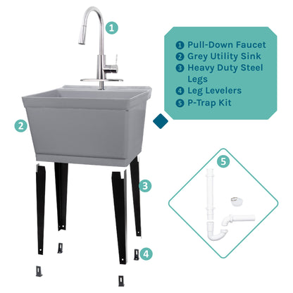 Tehila Standard Freestanding Grey Utility Sink with Stainless Steel Finish High-Arc Pull-Down Faucet