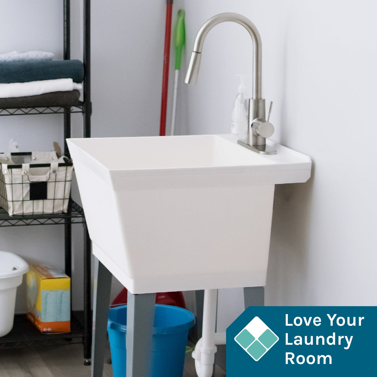 Tehila Standard Freestanding White Utility Sink with Stainless Steel Finish High-Arc Pull-Down Faucet