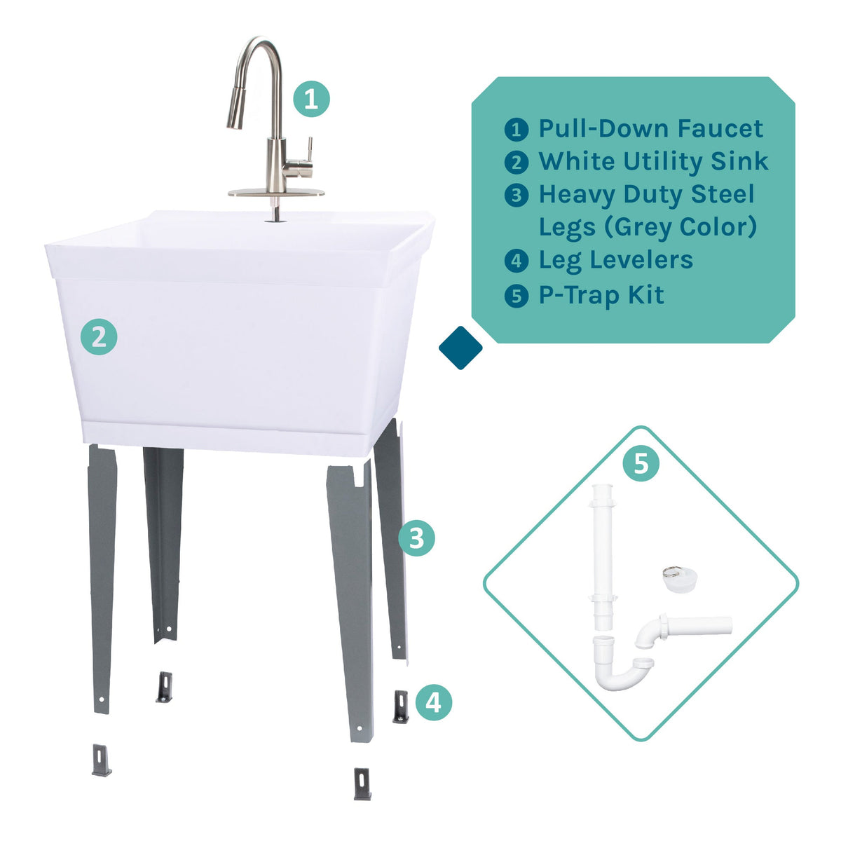 Tehila Standard Freestanding White Utility Sink with Stainless Steel Finish High-Arc Pull-Down Faucet