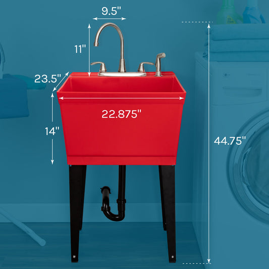 Tehila Standard Freestanding Red Utility Sink with Black Legs and Stainless Steel Finish Wide-set Gooseneck Faucet with Side Sprayer