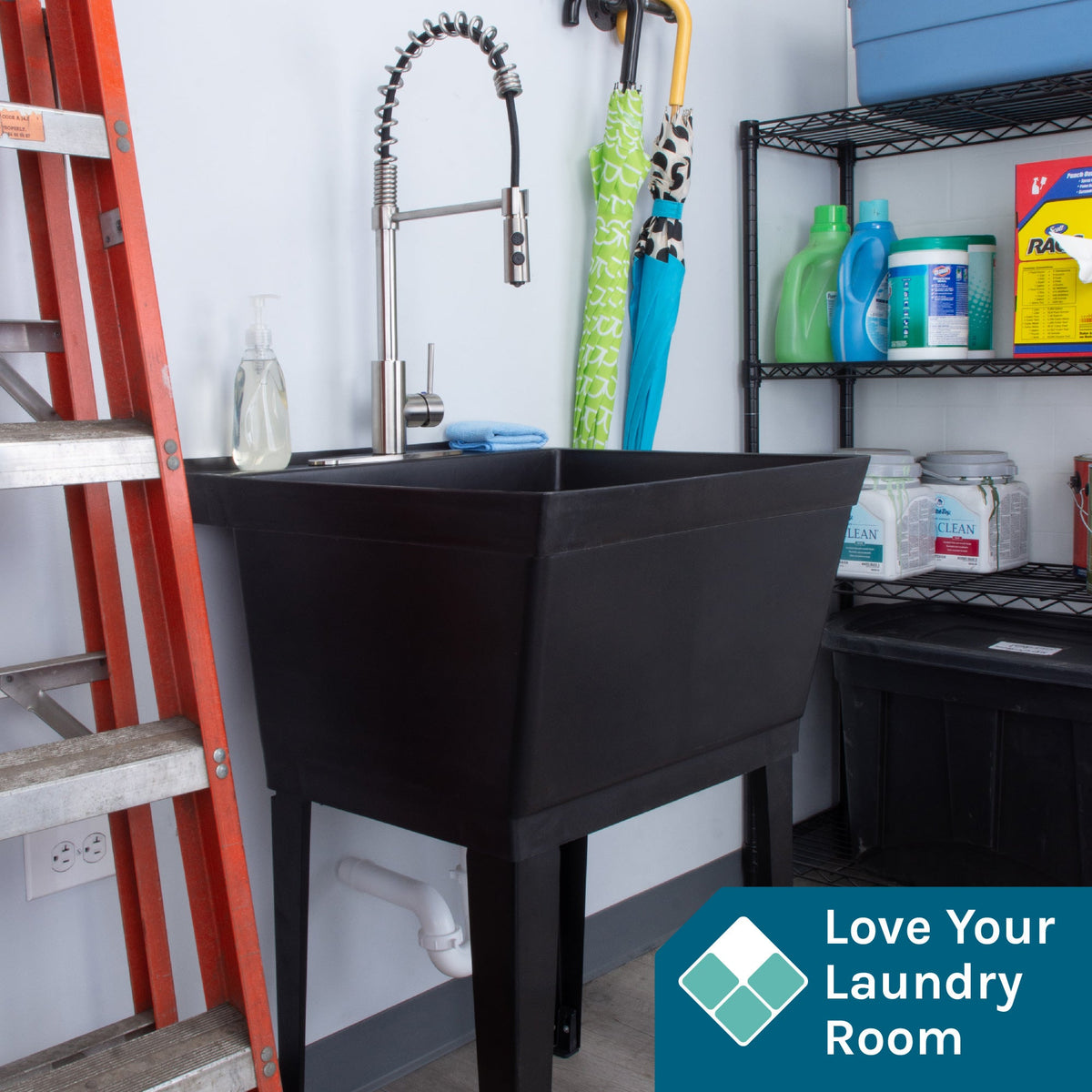 Tehila Standard Freestanding Black Utility Sink with Stainless Steel Finish High-Arc Coil Pull-Down Faucet