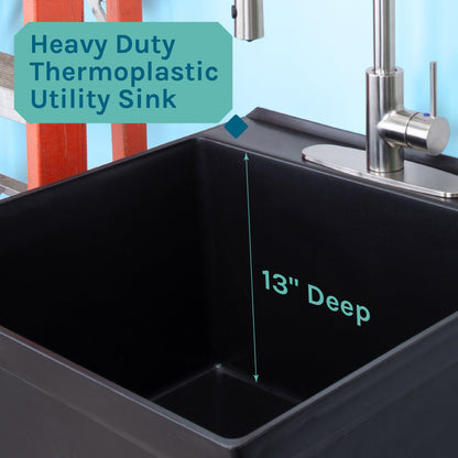 Tehila Standard Freestanding Black Utility Sink with Stainless Steel Finish High-Arc Coil Pull-Down Faucet