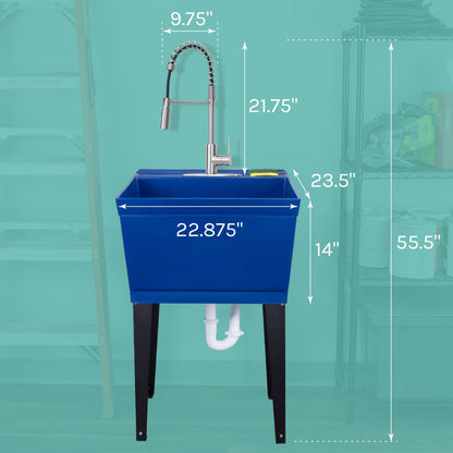 Tehila Standard Freestanding Blue Utility Sink with Stainless Steel Finish High-Arc Coil Pull-Down Faucet