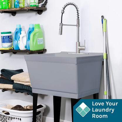 Tehila Standard Freestanding Grey Utility Sink with Stainless Steel Finish High-Arc Coil Pull-Down Faucet