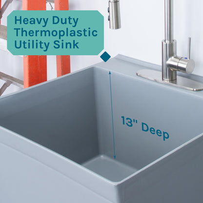 Tehila Standard Freestanding Grey Utility Sink with Stainless Steel Finish High-Arc Coil Pull-Down Faucet