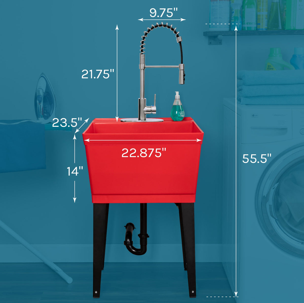 Tehila Standard Freestanding Red Utility Sink with Stainless Steel Finish High-Arc Coil Pull-Down Faucet