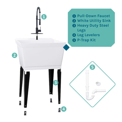 Tehila Standard Freestanding White Utility Sink with Black Finish High-Arc Coil Pull-Down Faucet