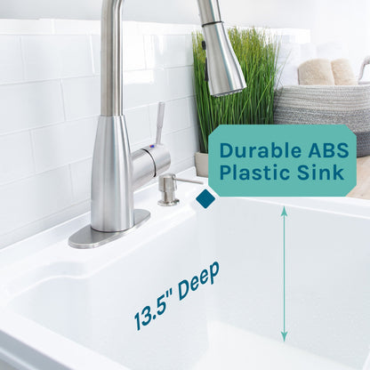 Tehila White Vanity Cabinet and White Utility Sink with Stainless Steel Finish Low-Profile Pull-Down Faucet