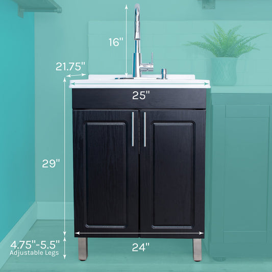 Tehila Black Vanity Cabinet and White Utility Sink with Chrome Finish High-Arc Pull-Down Faucet