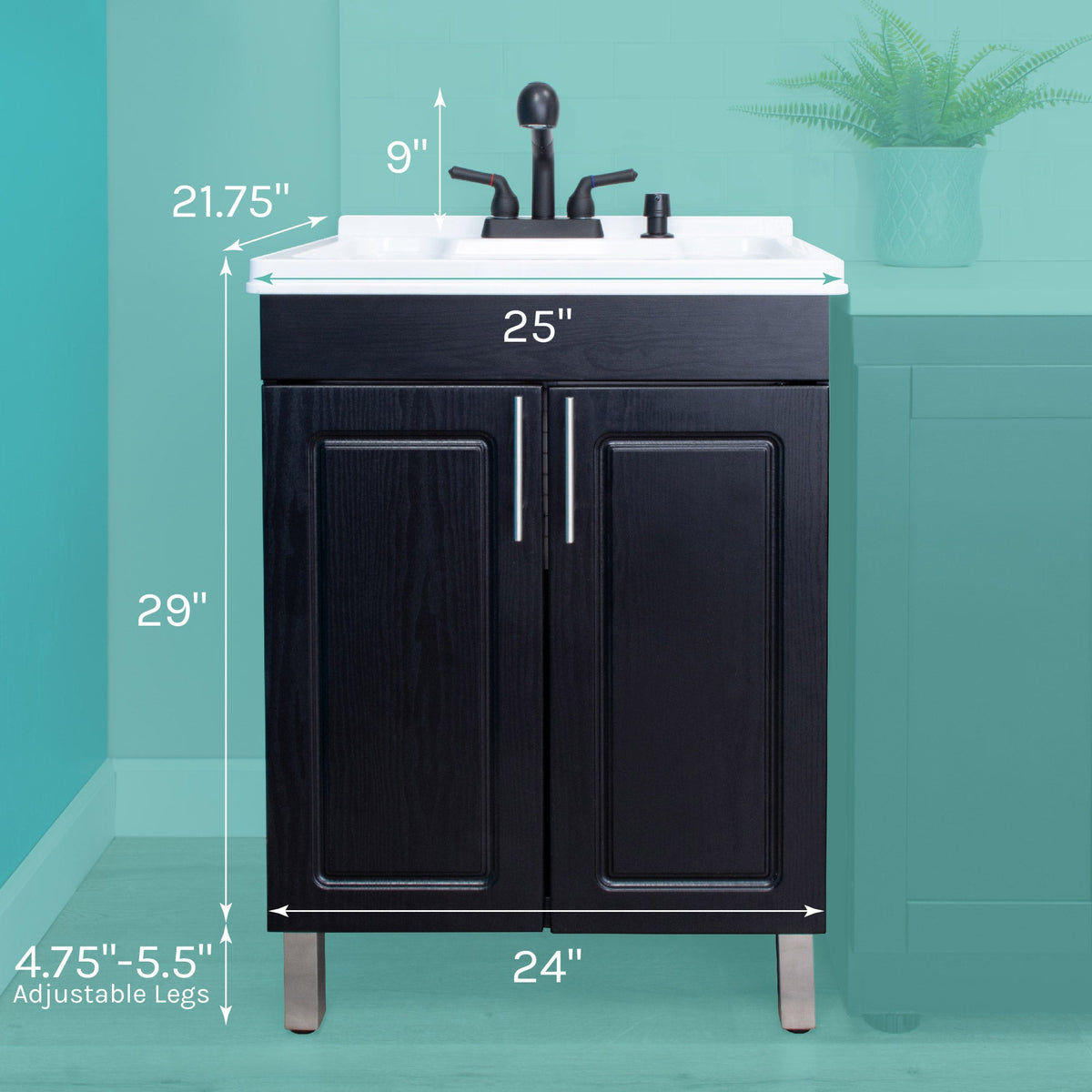 Tehila Black Vanity Cabinet and White Utility Sink with Black Finish Pull-Out Faucet