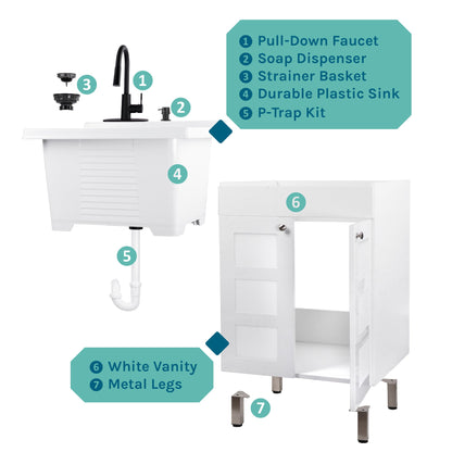 Tehila White Vanity Cabinet and White Utility Sink with Black Finish High-Arc Pull-Down Faucet