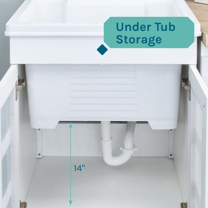 Tehila White Vanity Cabinet and White Utility Sink with Chrome Finish High-Arc Pull-Down Faucet
