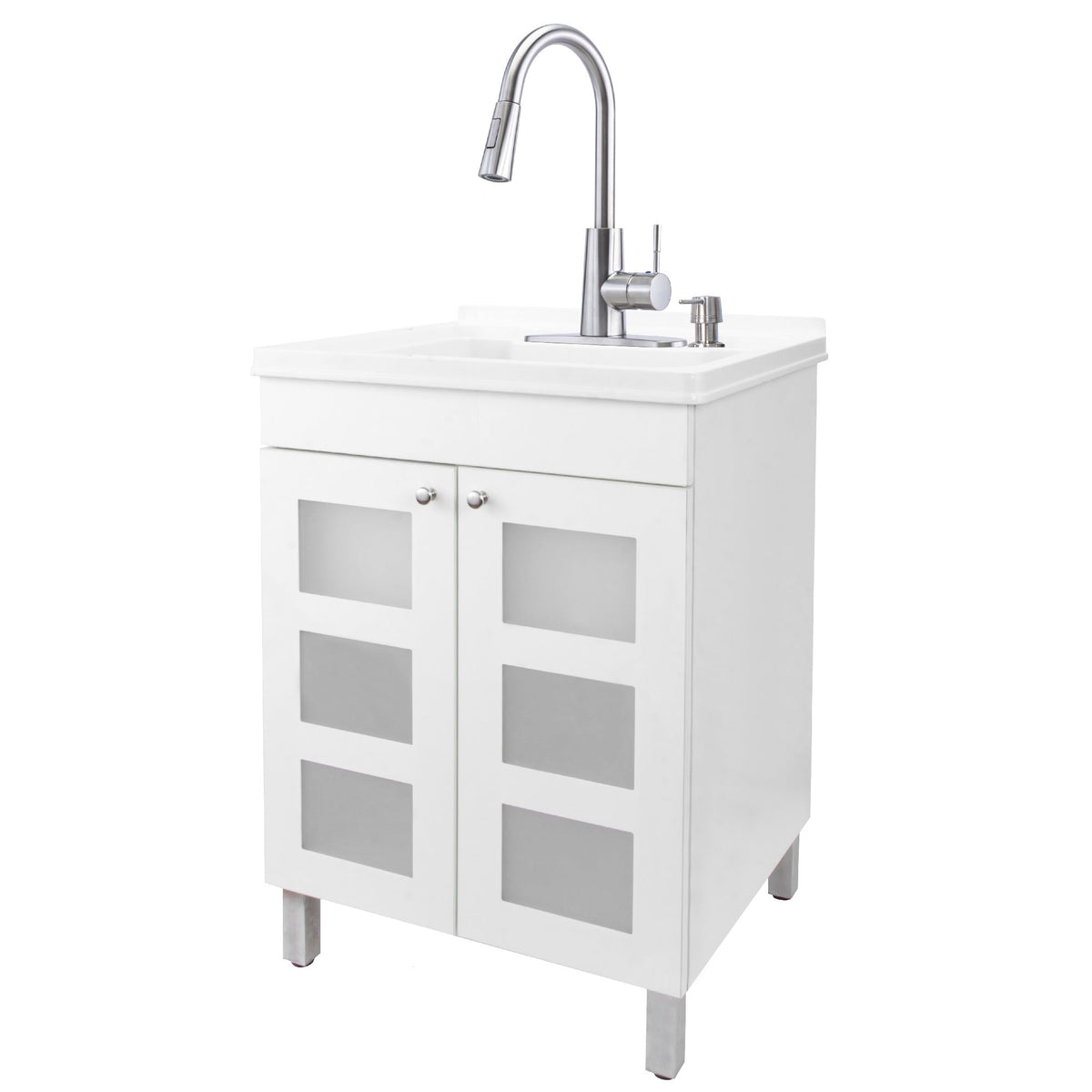 Tehila White Vanity Cabinet and White Utility Sink with Stainless Steel Finish High-Arc Pull-Down Faucet