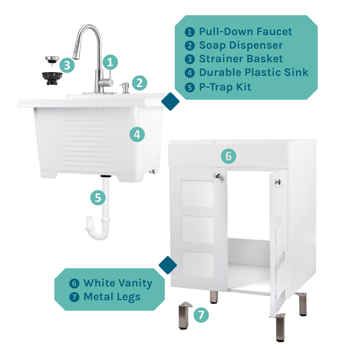 Tehila White Vanity Cabinet and White Utility Sink with Stainless Steel Finish High-Arc Pull-Down Faucet
