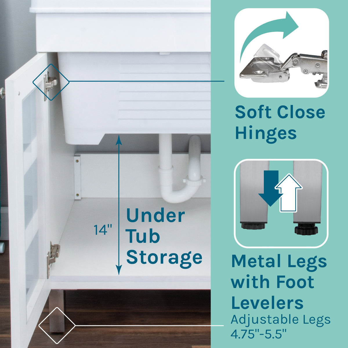 Tehila White Vanity Cabinet and White Utility Sink with Chrome Finish Pull-Out Faucet