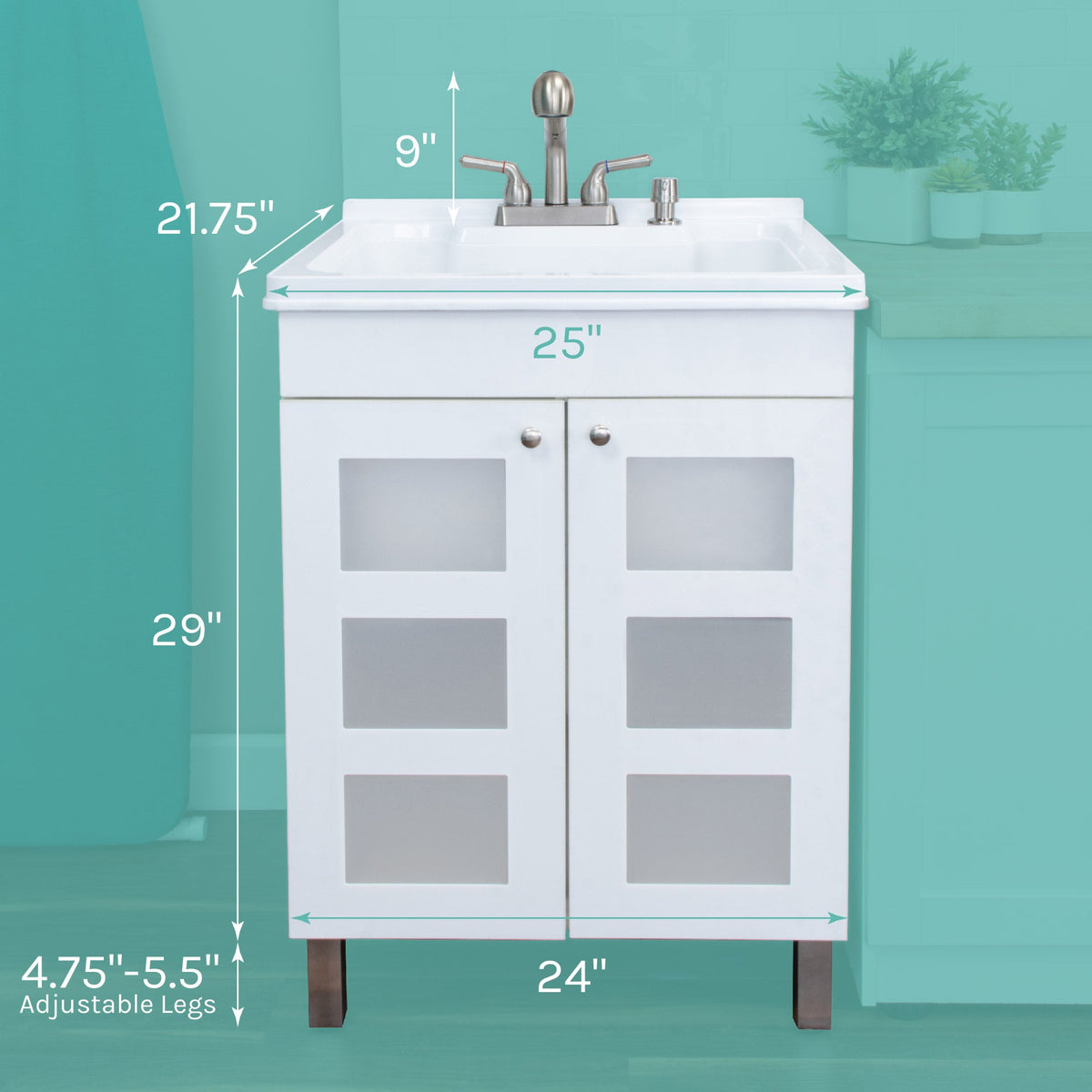 Tehila White Vanity Cabinet and White Utility Sink with Stainless Steel Finish Pull-Out Faucet