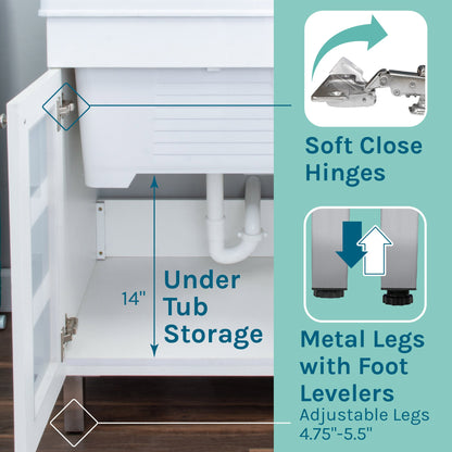 Tehila White Vanity Cabinet and White Utility Sink with Stainless Steel Finish Pull-Out Faucet