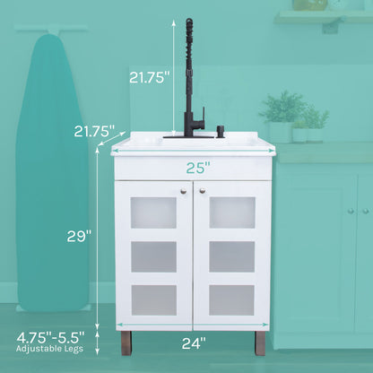 Tehila White Vanity Cabinet and White Utility Sink with Black Finish High-Arc Coil Pull-Down Faucet