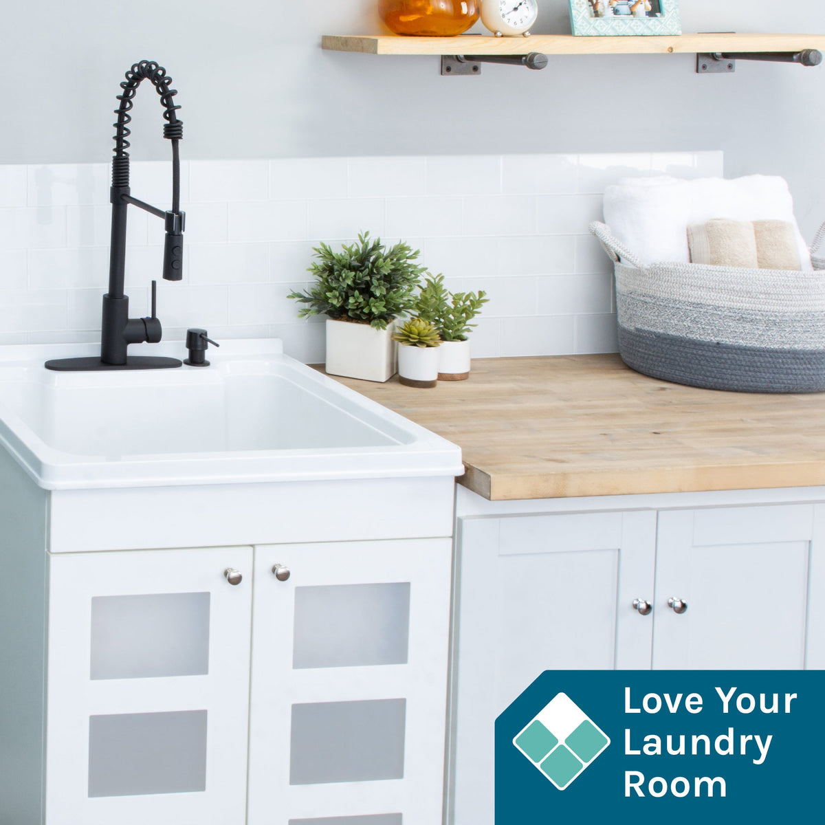 Tehila White Vanity Cabinet and White Utility Sink with Black Finish High-Arc Coil Pull-Down Faucet