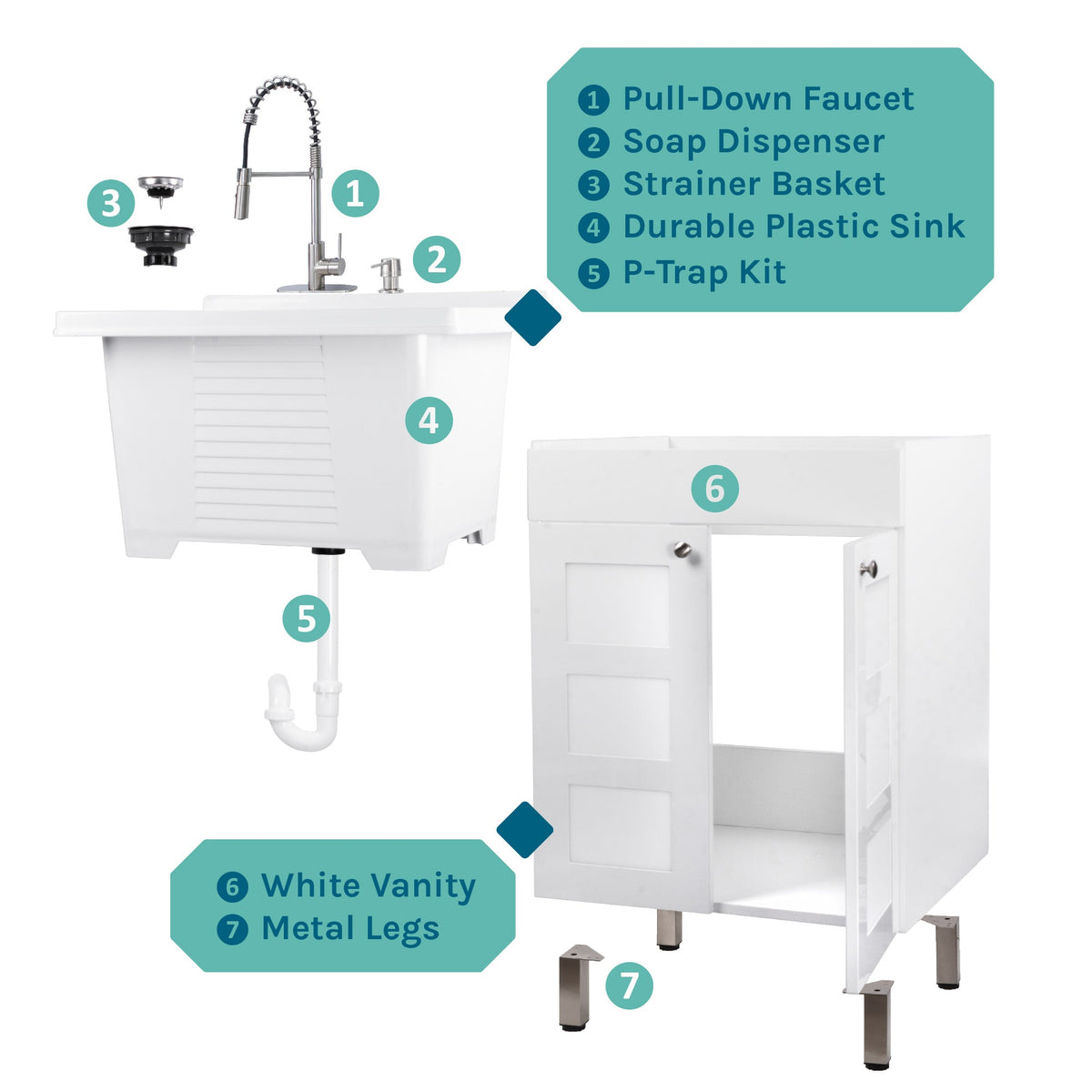 Tehila White Vanity Cabinet and White Utility Sink with Stainless Steel Finish High-Arc Coil Pull-Down Faucet