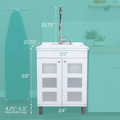 Tehila White Vanity Cabinet and White Utility Sink with Stainless Steel Finish High-Arc Coil Pull-Down Faucet