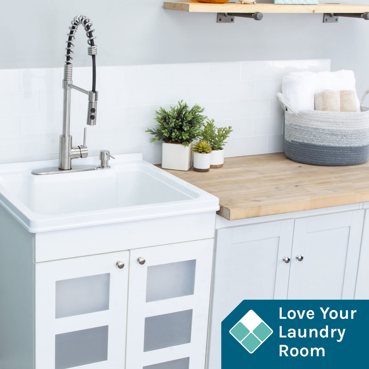 Tehila White Vanity Cabinet and White Utility Sink with Stainless Steel Finish High-Arc Coil Pull-Down Faucet