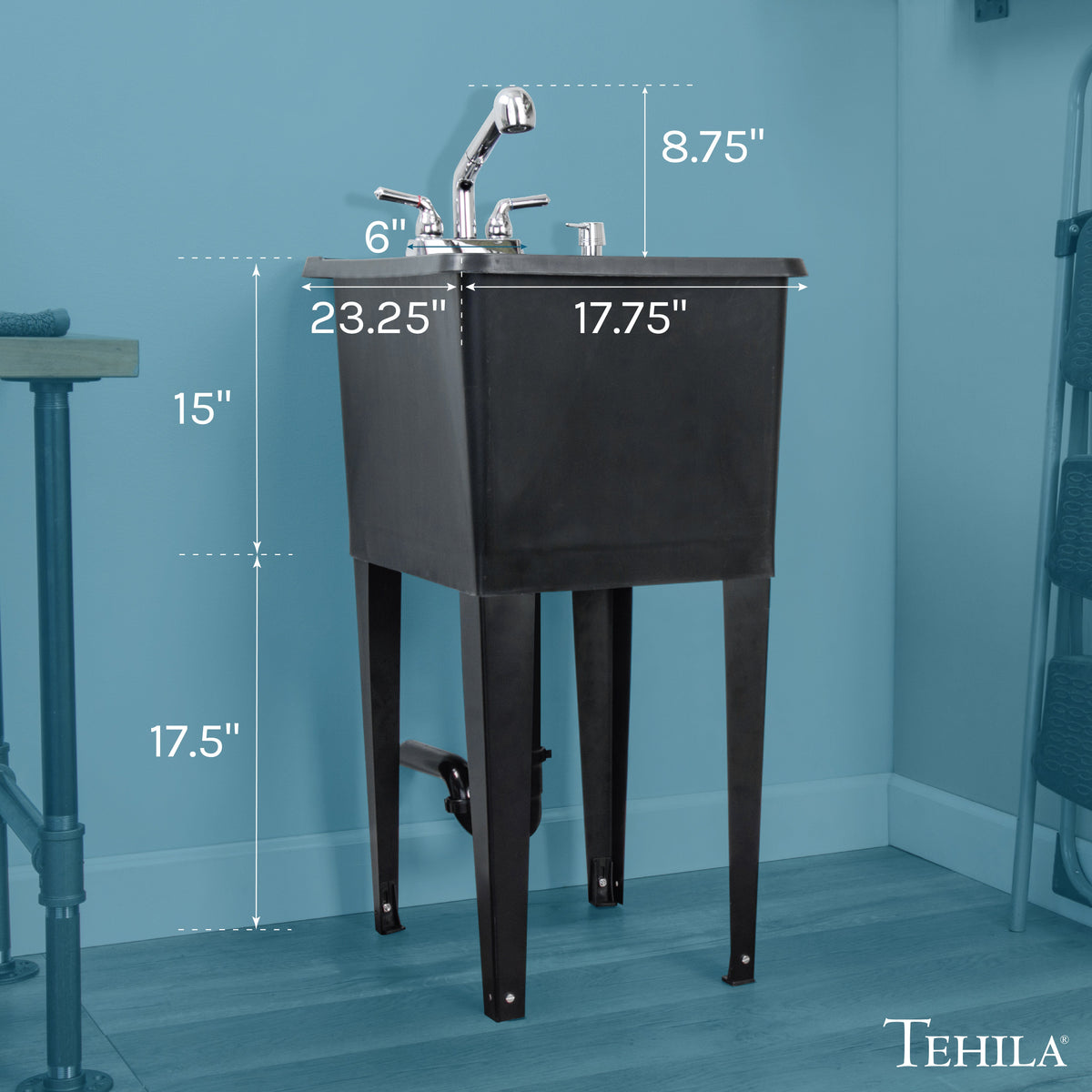 Tehila Space Saver Freestanding Black Utility Sink with Chrome Finish Pull-Out Faucet