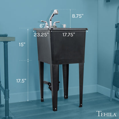 Tehila Space Saver Freestanding Black Utility Sink with Chrome Finish Pull-Out Faucet