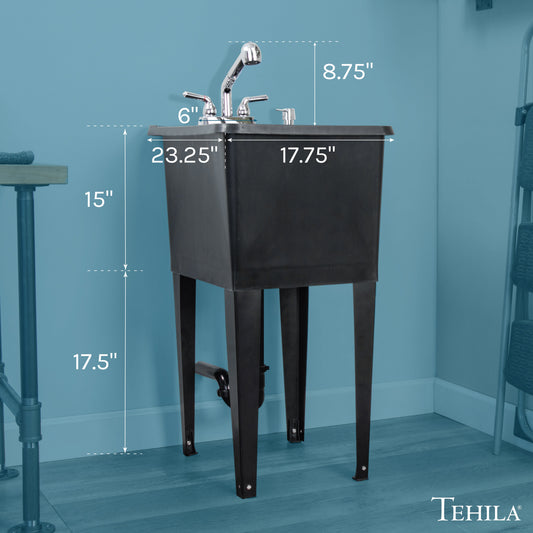 Tehila Space Saver Freestanding Black Utility Sink with Chrome Finish Pull-Out Faucet