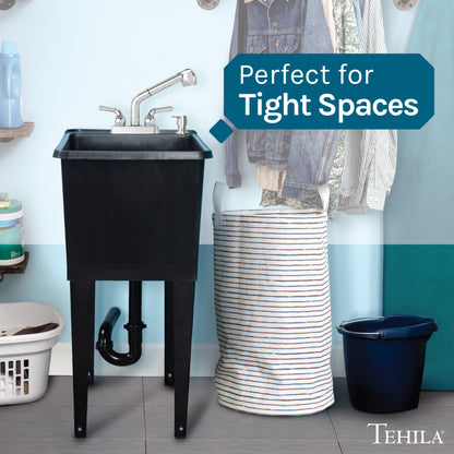 Tehila Space Saver Freestanding Black Utility Sink with Chrome Finish Pull-Out Faucet