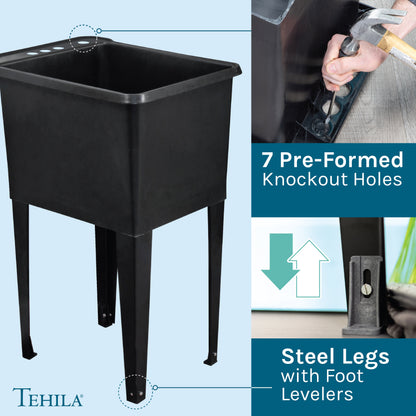 Tehila Space Saver Freestanding Black Utility Sink with Chrome Finish Pull-Out Faucet