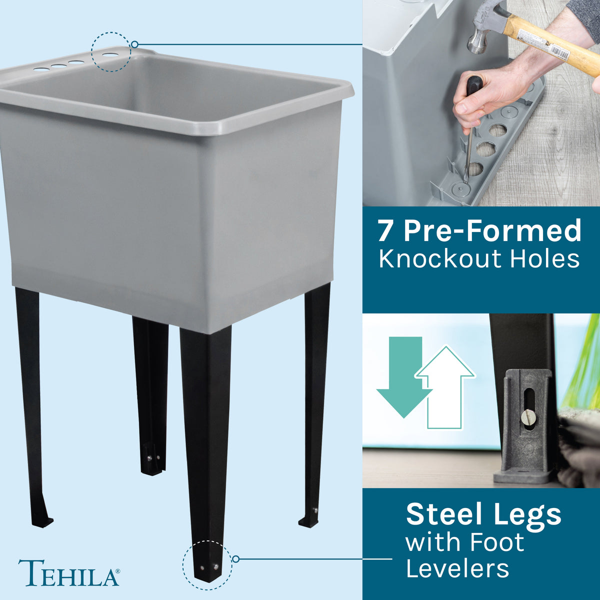 Tehila Space Saver Freestanding Grey Utility Sink with Stainless Steel Finish Pull-Out Faucet