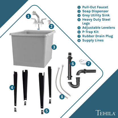 Tehila Space Saver Freestanding Grey Utility Sink with Stainless Steel Finish Pull-Out Faucet