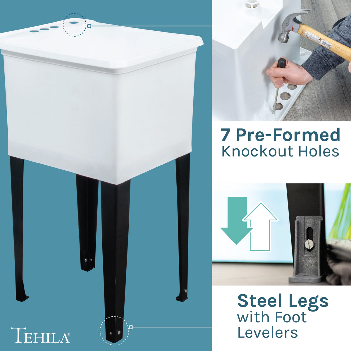Tehila Space Saver Freestanding White Utility Sink with Black Finish Pull-Out Faucet