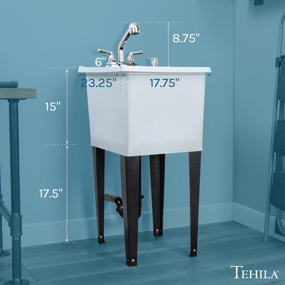 Tehila Space Saver Freestanding White Utility Sink with Chrome Finish Pull-Out Faucet