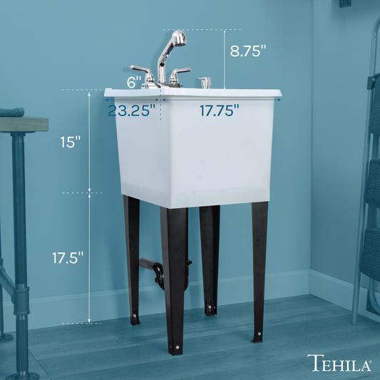 Tehila Space Saver Freestanding White Utility Sink with Chrome Finish Pull-Out Faucet