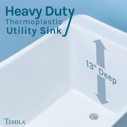 Tehila Space Saver Freestanding White Utility Sink with Chrome Finish Pull-Out Faucet