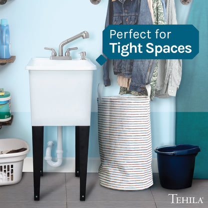 Tehila Space Saver Freestanding White Utility Sink with Stainless Steel Finish Pull-Out Faucet