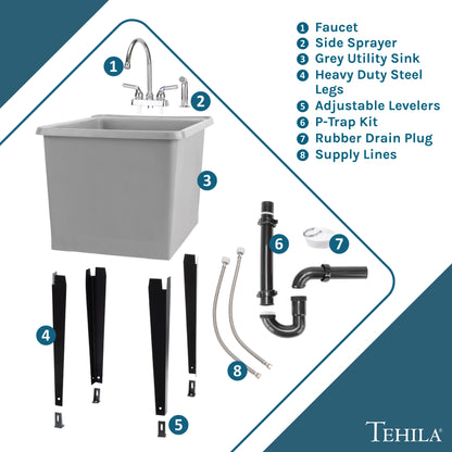 Tehila Space Saver Freestanding Grey Utility Sink with Chrome Finish Gooseneck Faucet and Side Sprayer