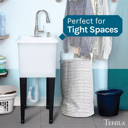Tehila Space Saver Freestanding White Utility Sink with Chrome Finish Low-Profile Pull-Down Faucet