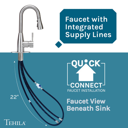 Tehila Space Saver Freestanding White Utility Sink with Stainless Steel Finish Low-Profile Pull-Down Faucet