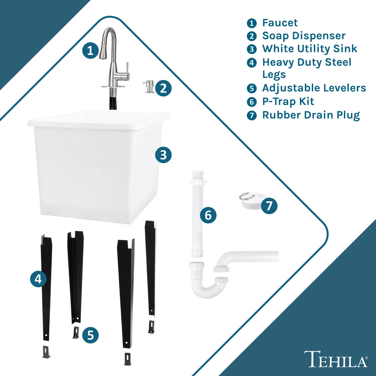 Tehila Space Saver Freestanding White Utility Sink with Stainless Steel Finish Low-Profile Pull-Down Faucet